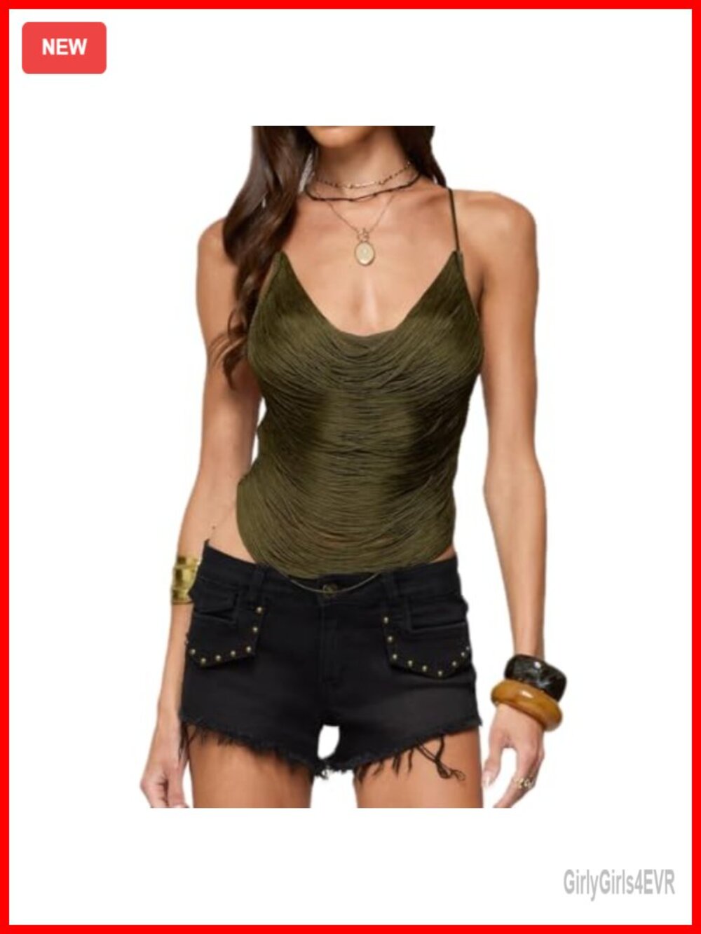 Women's Fringed Cowl Neck Criss Cross Back Cami Tank Top Going Out